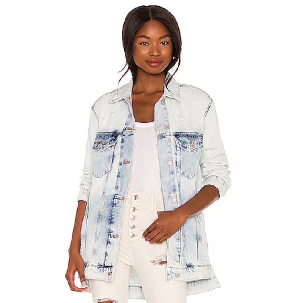 We The Free Free People Distressed Oversized Denim Jacket Light Wash Small Boho